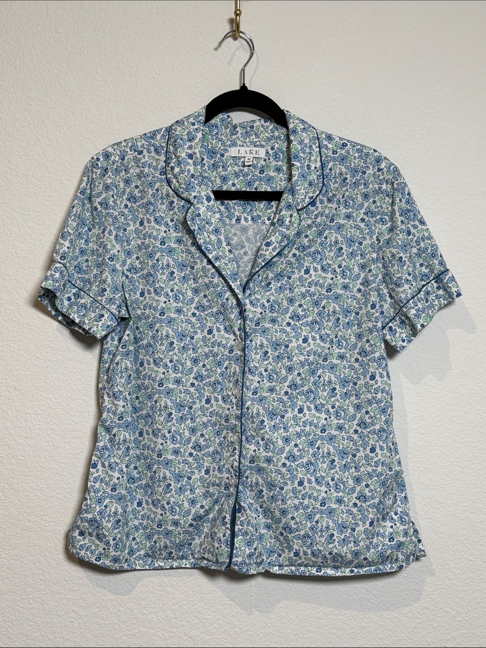 LAKE Blue Floral Short Sleeve Button Shirt and Pants Cotton Pajamas Set